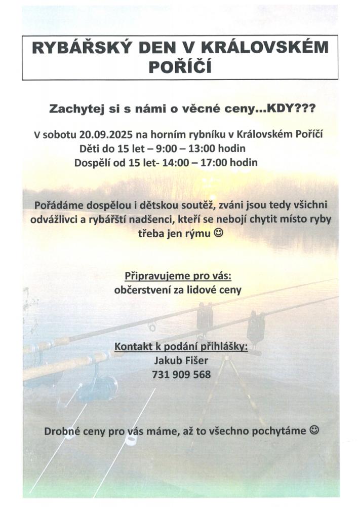 Pozvánka na Rybářský den na horní rybník v Královském Poříčí