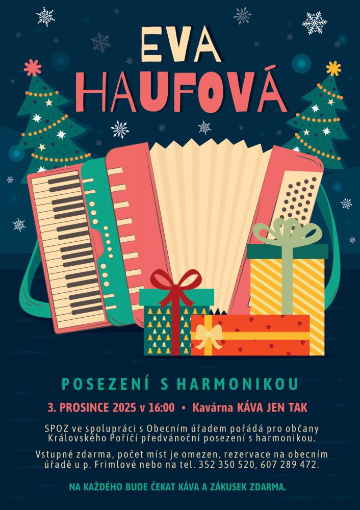 Eva Haufová - Posezení s harmonikou. 3. 12. 2025, plakát na akci.