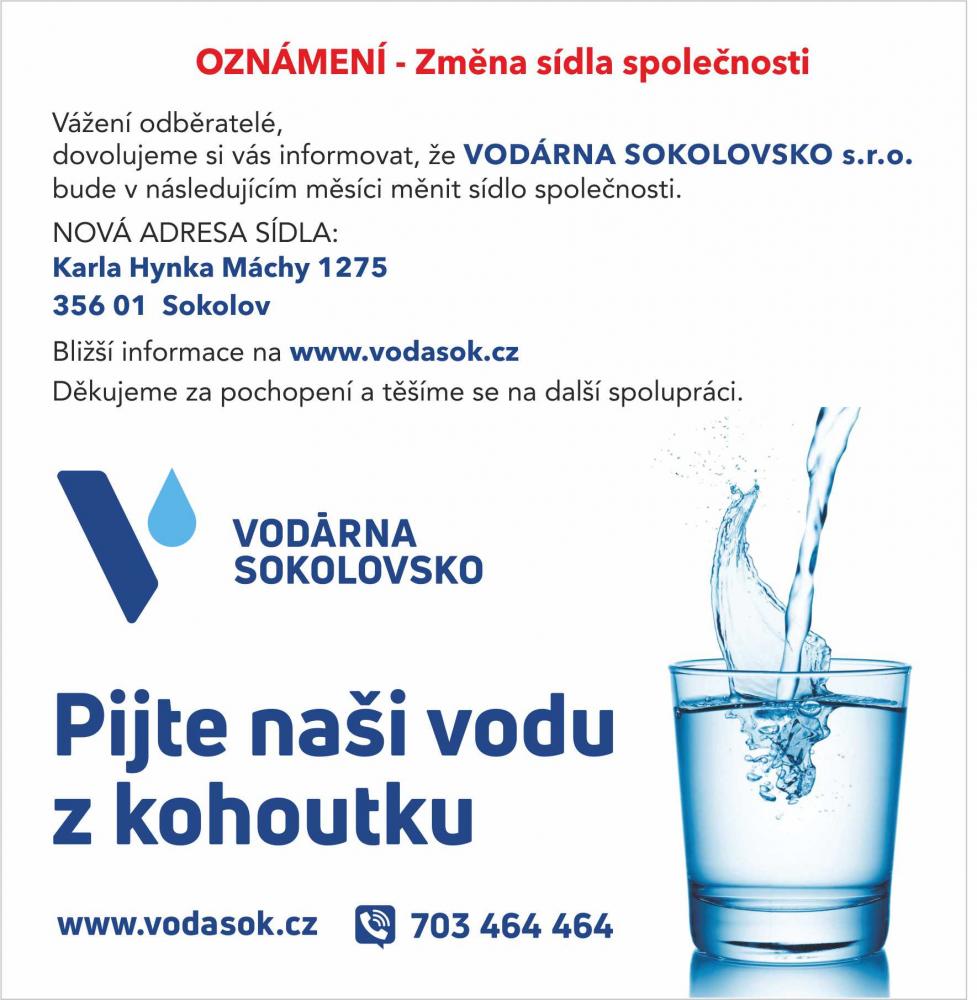 Změna sídla VODÁRNA SOKOLOVSKO s.r.o.
